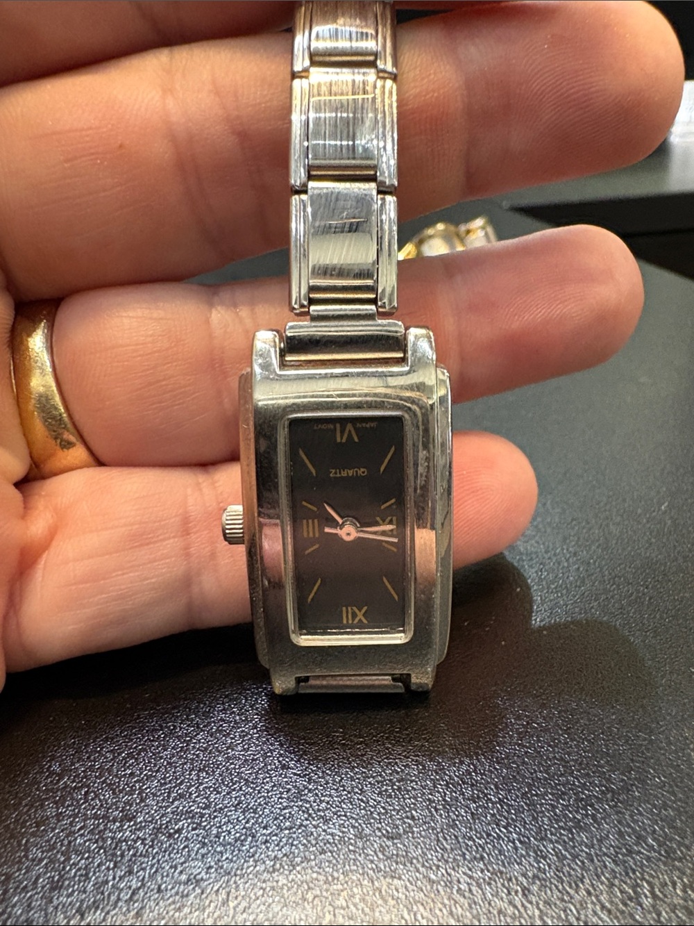 Rectangular Silver Tone Quartz Bracelet Watch - Black Dial